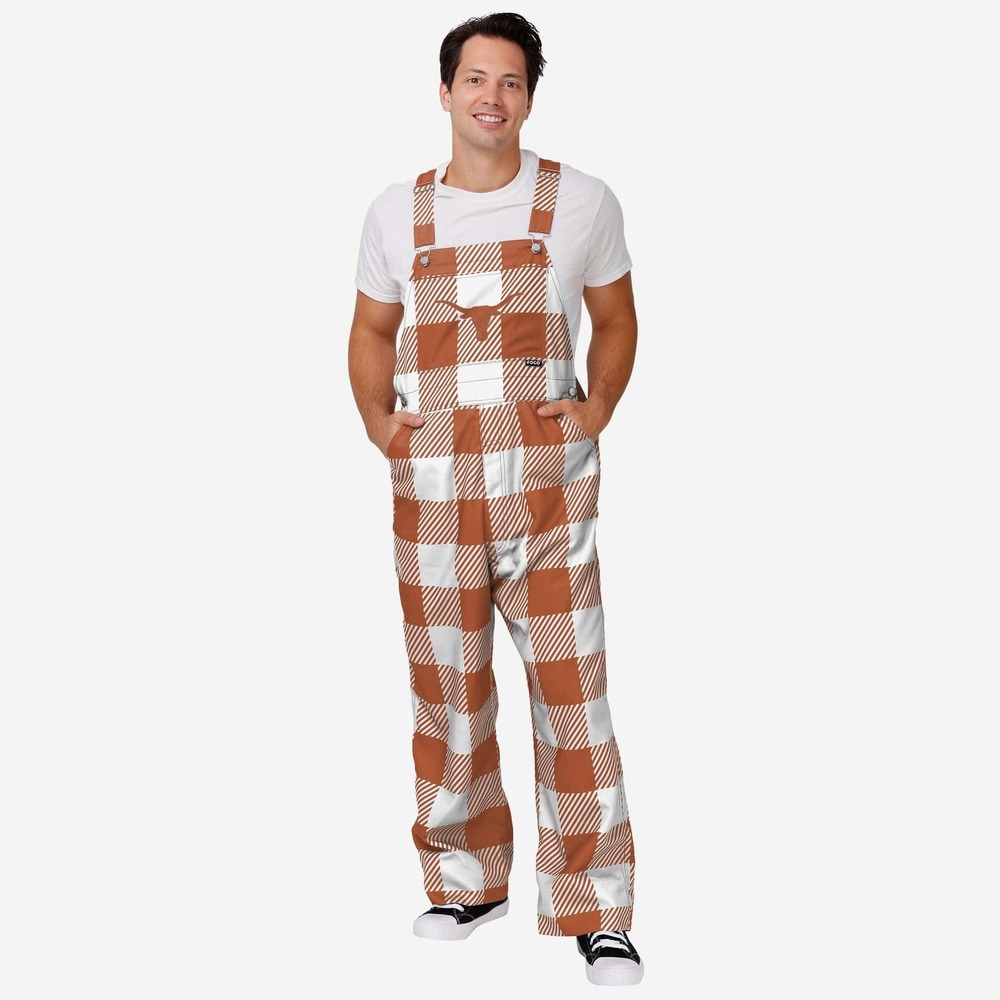 FOCO Overalls Men XL Orange White Texas Longhorns Buffalo Plaid‎ Checkered Bib